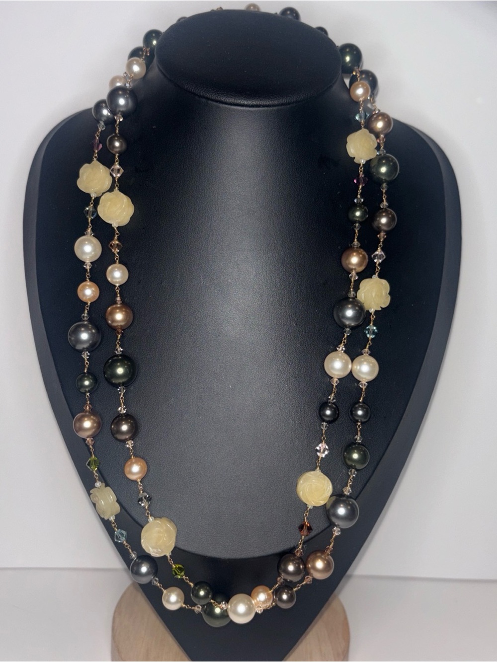 Vintage Opera Length Necklace Carved Jade Rose Stone Beads Crystal Pearls 45”